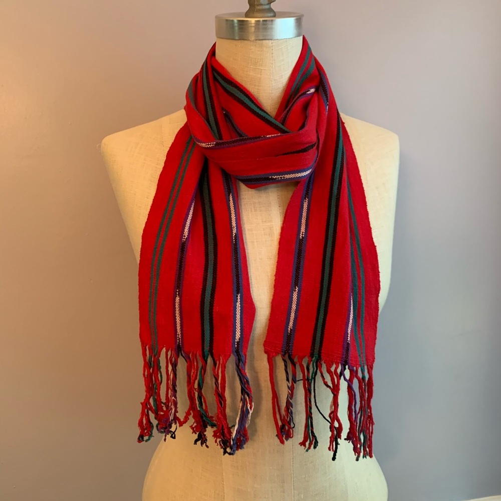 3/$12 Red stripe Aztec tribal lightweight scarf with fringe ends